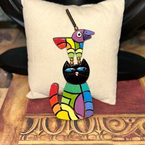 Vintage Colorful Striped Ceramic Brooch with Bird and Cat Design